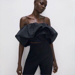 ZARA Black Sculptural Ruffle Crop Top Spaghetti Strap Party NWT Size S